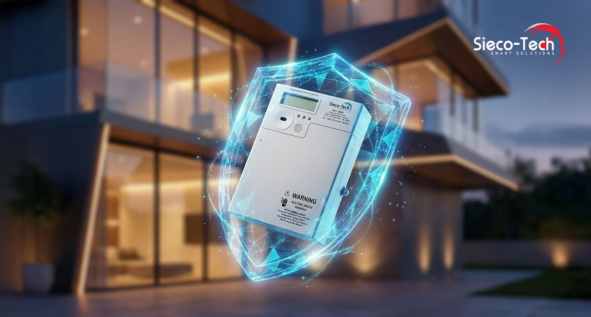 A Sieco-Tech meter encased in a digital shield representing secure smart meter reading