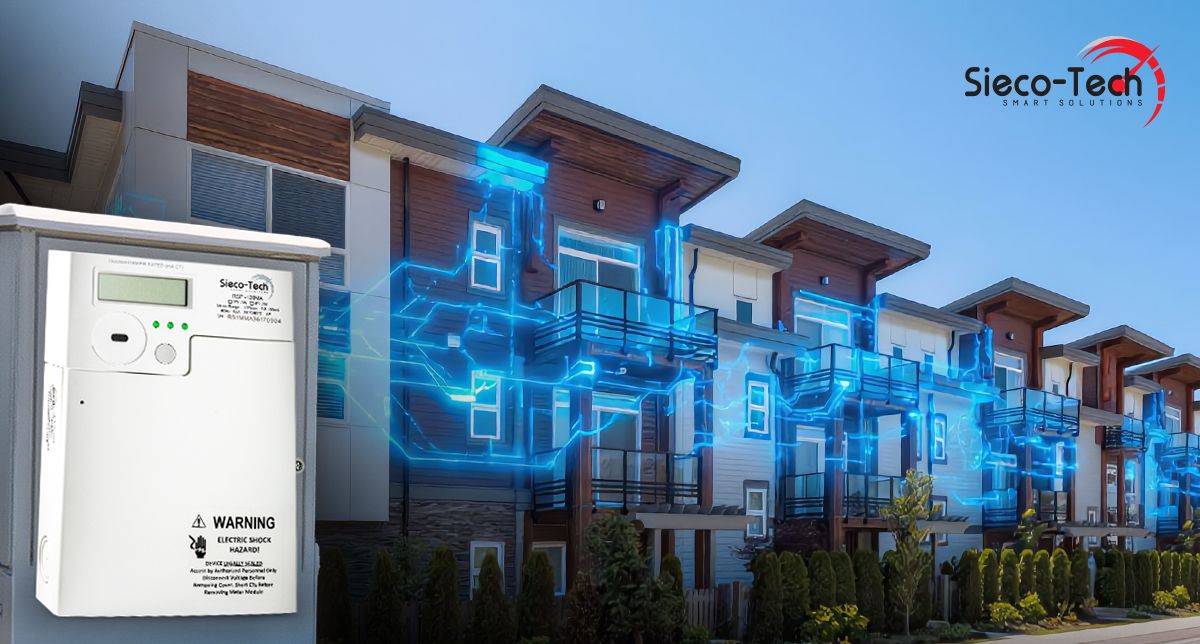 Outside view of a multi-tenant housing complex with a glowing blue overlay depicting smart meter consumption data 