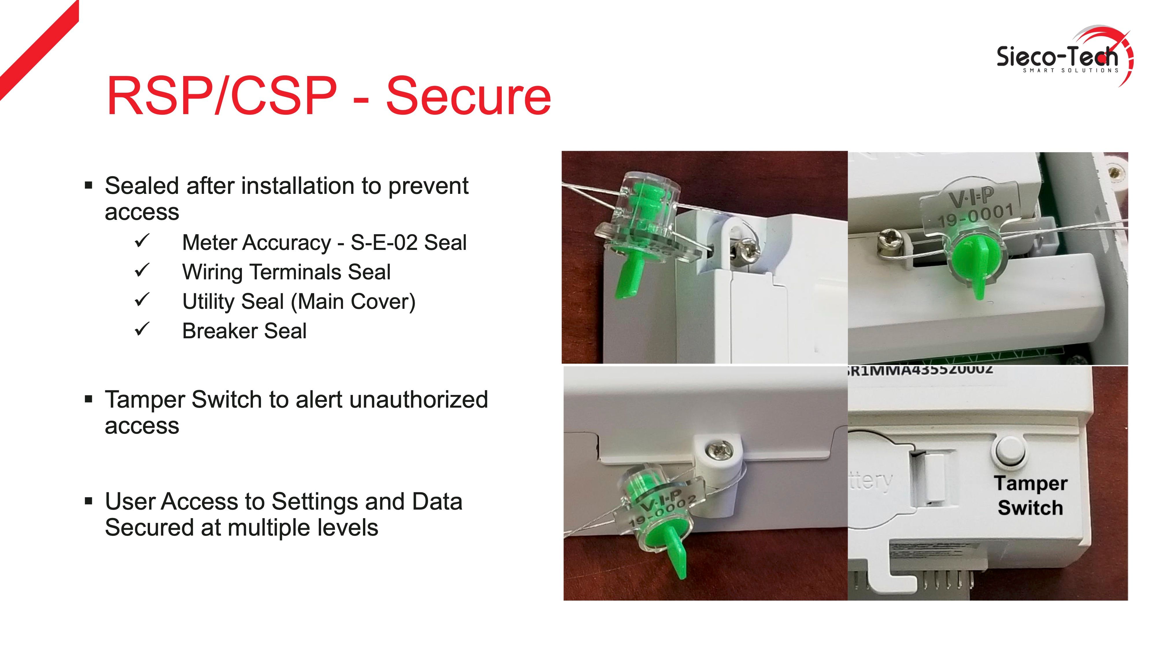 Slide showing the Sieco-Tech RSP/CSP multi-seal configuration for smart meter verification.